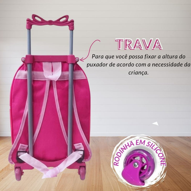 Mochila Infantil Rodinha Feminina + Estojo + Lancheira Térmica - Kit Completo