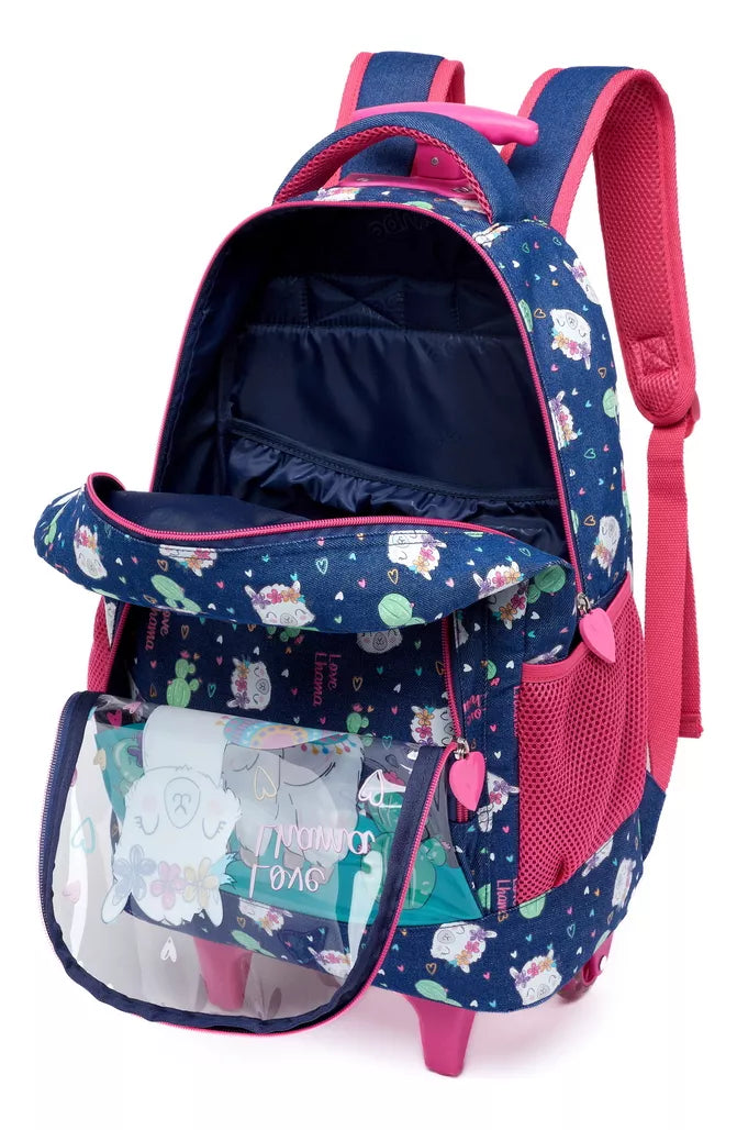 Kit Mochila Escolar Menina Rodinha Puxador Lancheira Estojo