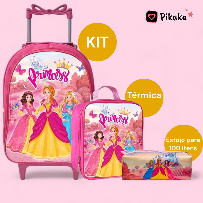 Mochila Infantil Rodinha Feminina + Estojo + Lancheira Térmica - Kit Completo princesa