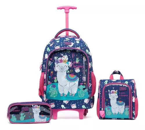 Kit Mochila Escolar Menina Rodinha Puxador Lancheira Estojo