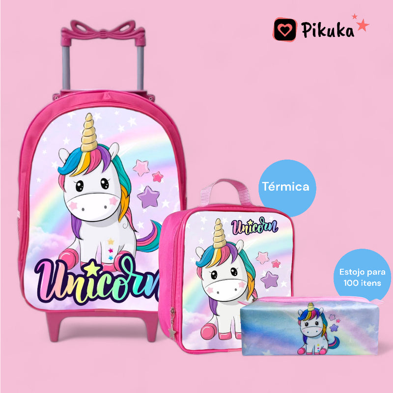 Mochila Infantil Rodinha Feminina + Estojo + Lancheira Térmica - Kit Completo unicornio